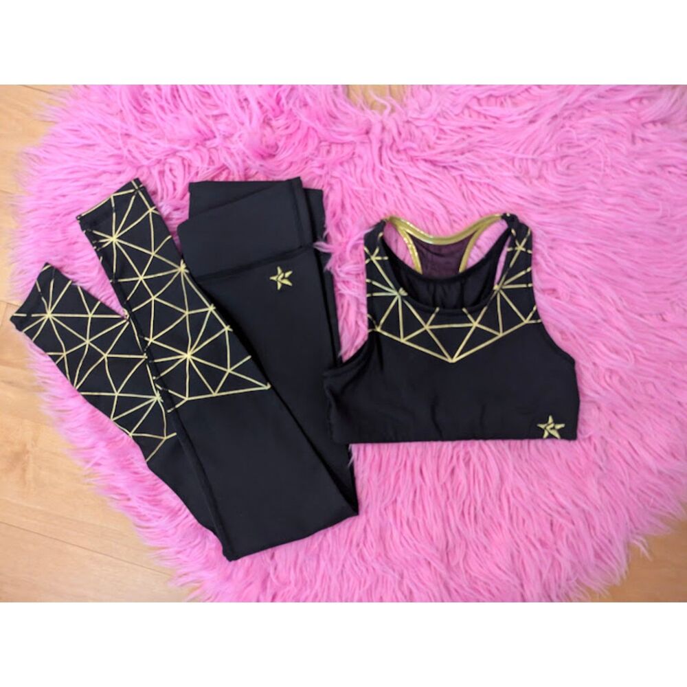 Rebel Athletic Set Beautiful Black Gold Bra and Leggings Set YM YL Cheer Dance